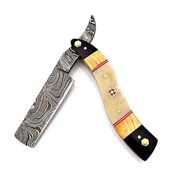 Original Damascus Folding Razor Bull Horn & Bone and Wood Handle - Pocket Razor - Picture 2 of 3